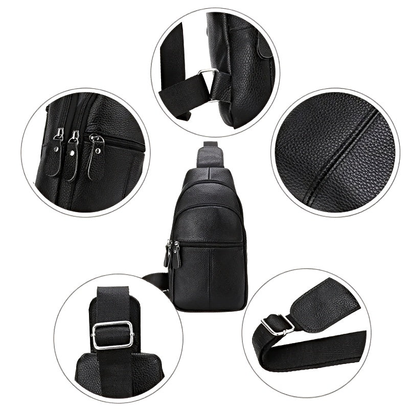 Urban Leather Sling, men's sling bag with black pebbled leather, silver hardware, adjustable strap.