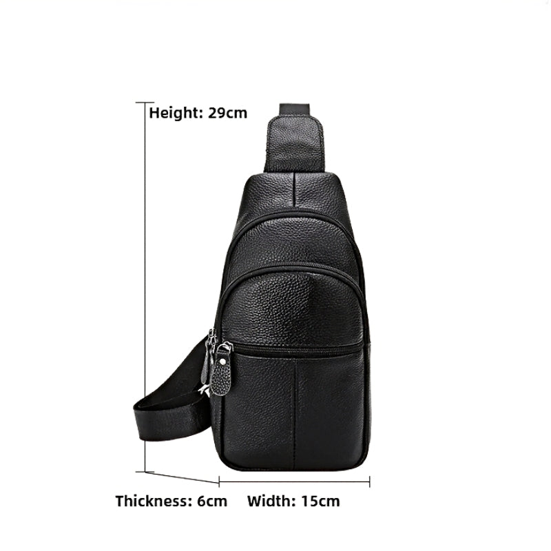 Urban leather sling bag for men, black textured leather, crossbody style with size measurements shown