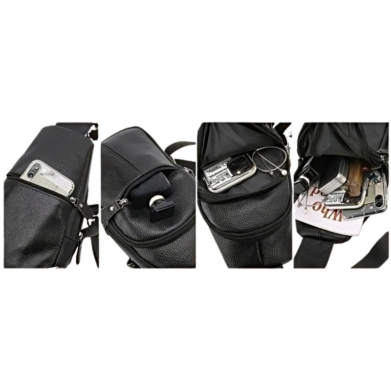 Urban leather sling bag for men, black genuine leather, multiple zippered pockets, with silver hardware, crossbody style.