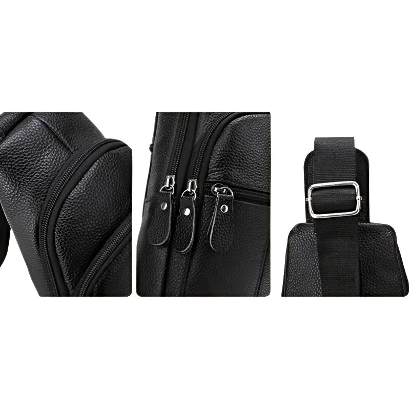 Urban Leather Sling, men’s crossbody bag in black pebbled leather with adjustable strap with silver hardware