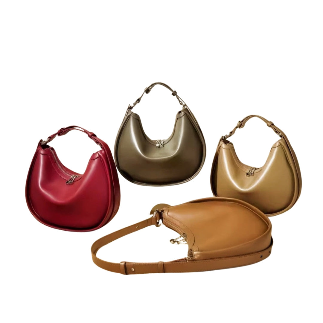 Urban Luxe Hobo luxury genuine leather handbags group display in premium colors brown olive green red and apricot