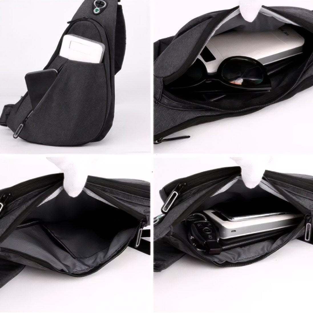 Urban Stealth Sling Black durable lightweight crossbody sling for city life and travel detail of pocket features