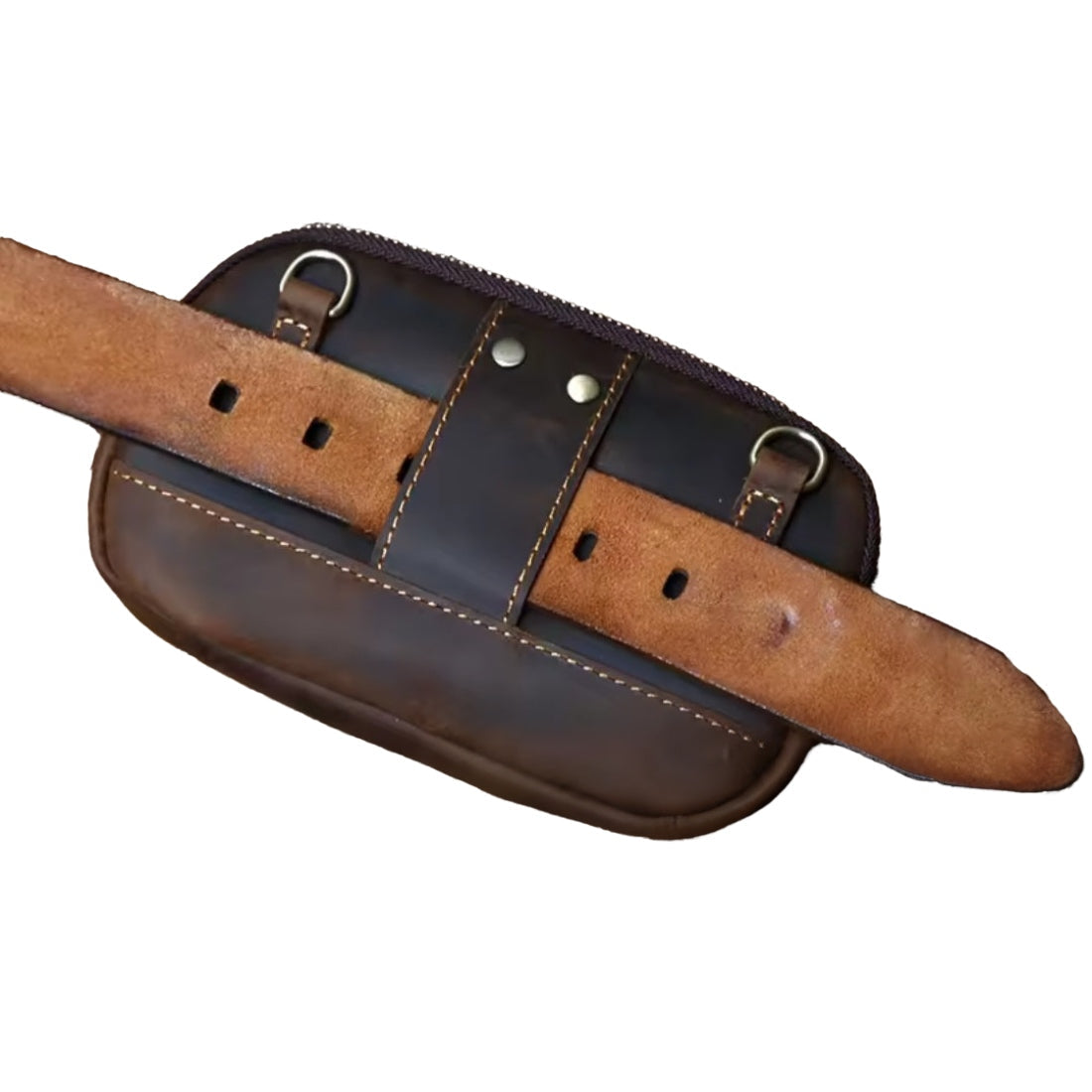 Heritage Utility Carry in dark brown crazy horse genuine leather with distressed oil wax finish attached to brown leather belt showcasing opportunity to wear as waist pack for upscale hands free utility