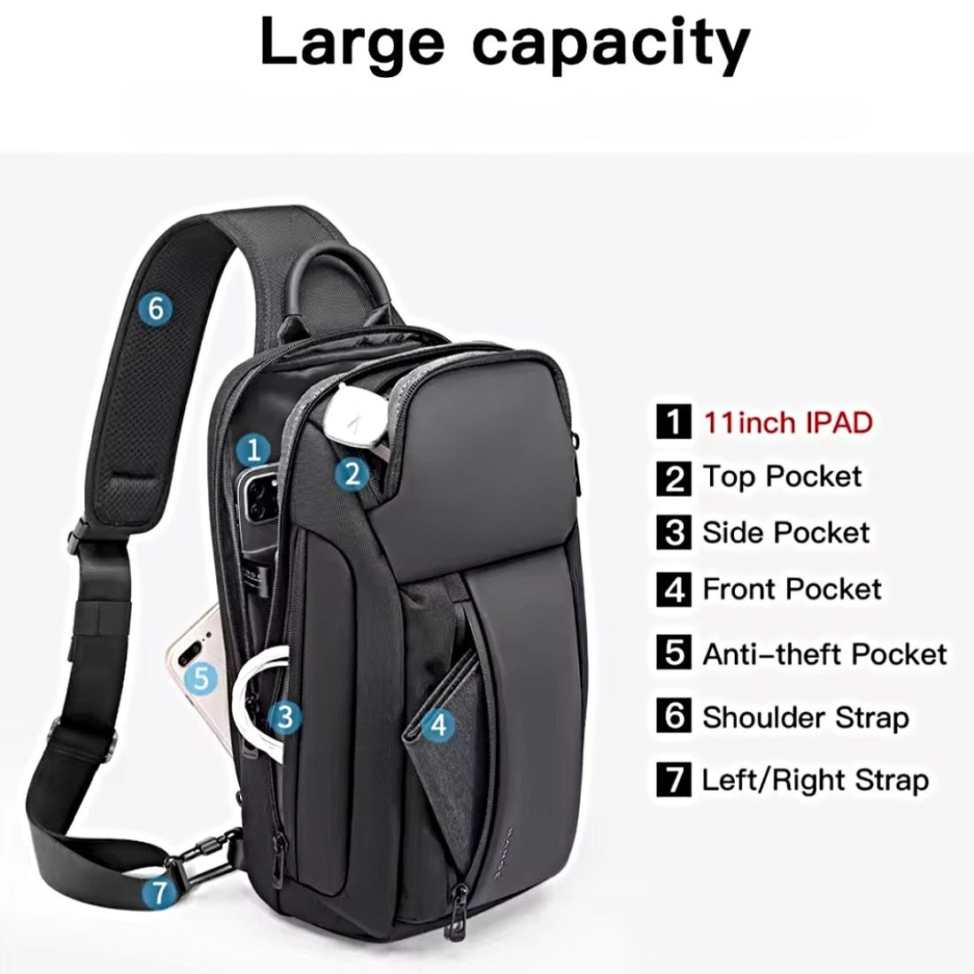 BANGE Velocity Pack black premium large capacity upscale waterproof oxford sling bag multiple pockets padded laptop compartment anti theft pocket adjustable strap