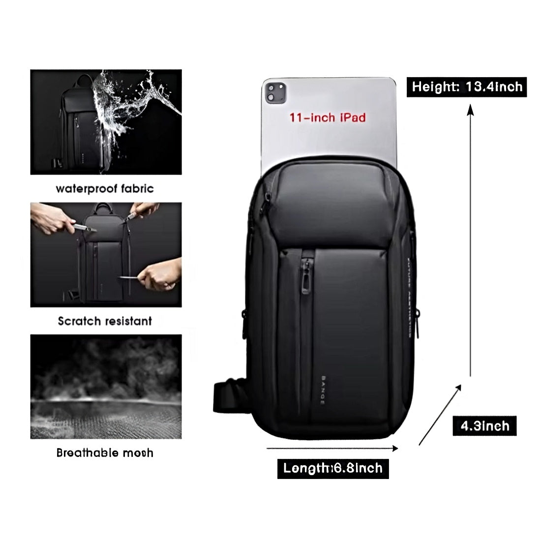 BANGE Velocity Pack premium black waterproof oxford upscale sling scratch resistant breathable mesh lightweight laptop shoulder bag measurements and showing 11 inch tablet size