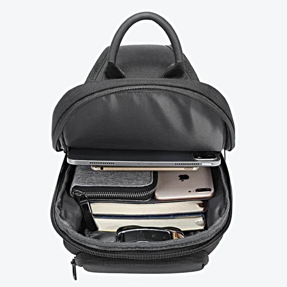 BANGE Velocity Pack premium black waterproof oxford upscale sling bag interior with padded laptop sleeve phone slot and organized compartments for daily essentials
