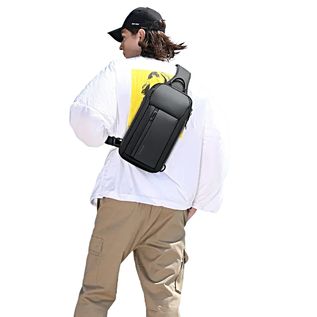 BANGE Velocity Pack black premium waterproof oxford upscale sling bag worn crossbody by male model casual streetwear style