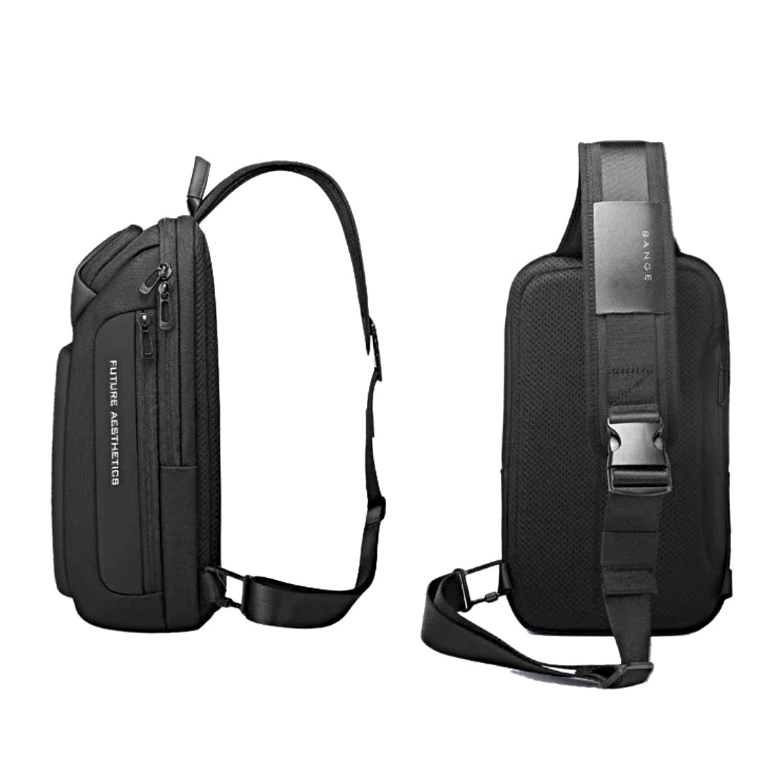 BANGE Velocity Pack premium black waterproof oxford upscale sling bag side view and back view with adjustable strap breathable back panel and secure buckle