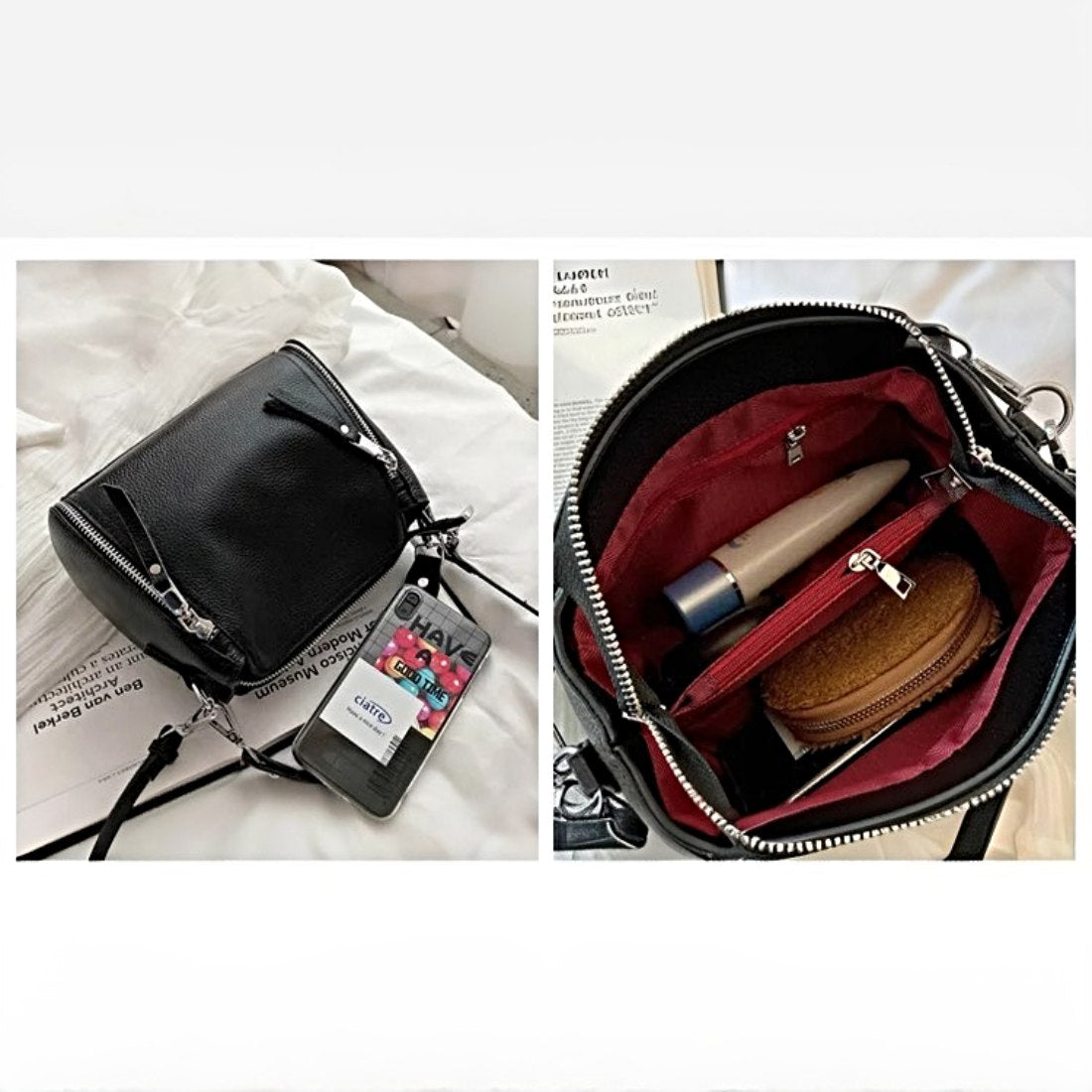 Timeless Zip Carry bag in black premium genuine leather with upscale silver hardware shown closed beside smartphone keychain and cardholder and open to reveal red interior with lipstick wallet pen and compact mirror showcasing upscale utility and elegant organization in lifestyle setting