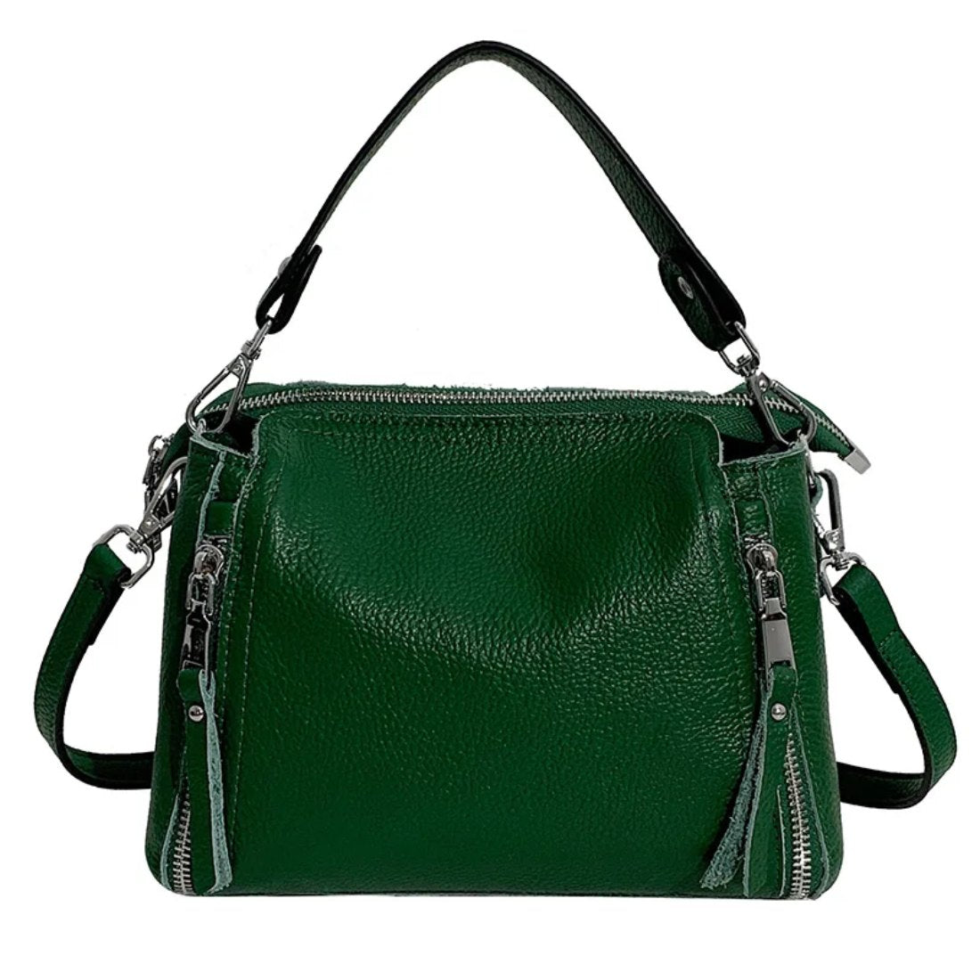 Timeless Zip Carry bag in green premium genuine leather with upscale silver hardware softly structured silhouette with top zipper closure removable top handle and removable and adjustable shoulder strap showcasing upscale utility and elegant design